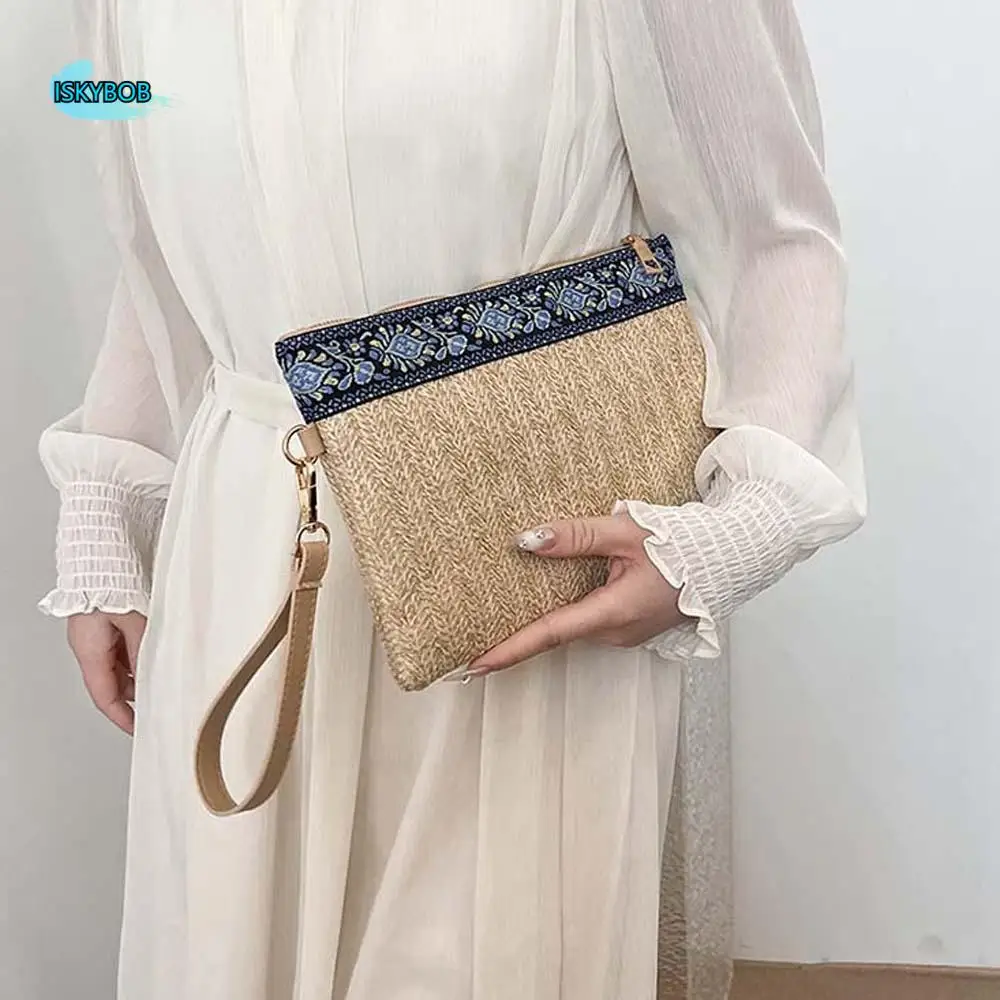 

Versatile Straw Weaving Wallet Embroidered Patterns Retro Ethnic Style Woven Handbag Multi-function Khaki Lady Hand-held Purse