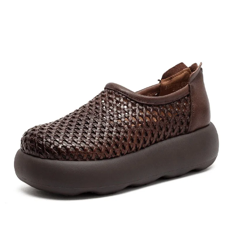 DRKANOL Women Wedges Heel Shoes Summer Handmade Weave Cow Genuine Leather Hollow Out Breathable Retro Platform Shoes Footwear