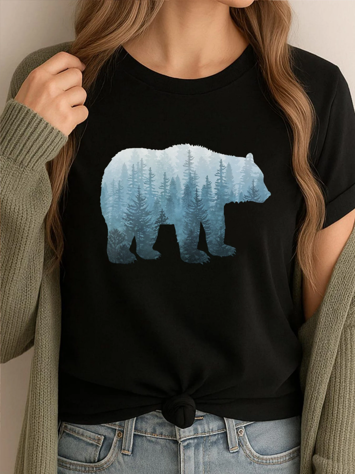 Camisetas gráficas Misty Forest Bear turquesa, camisetas al por mayor, 100 Uds., ropa estampada cómoda de alta calidad