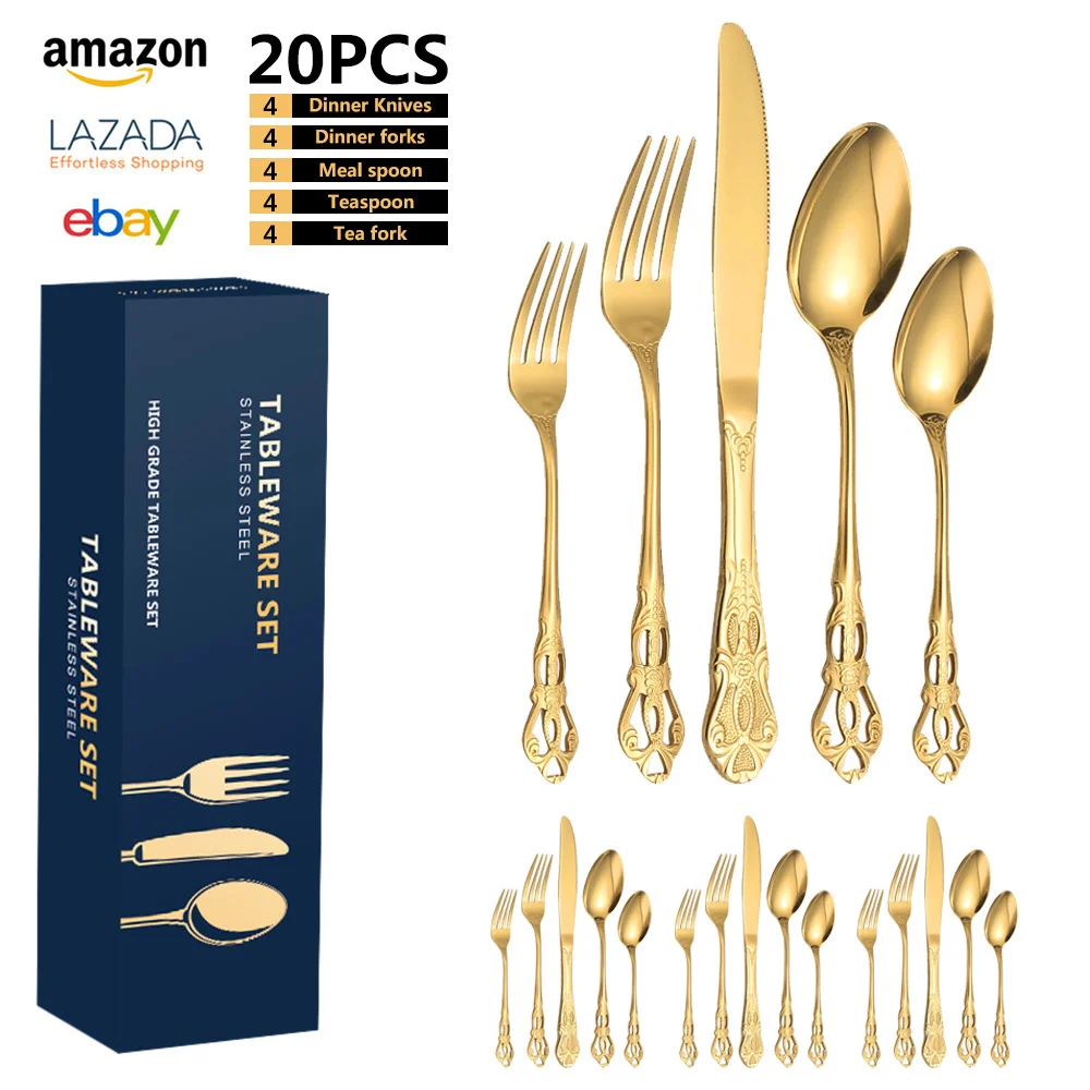 

New Elegant Vintage Western Dinnerware Set with 20 Pieces Set of Stainless Steel Cutlery