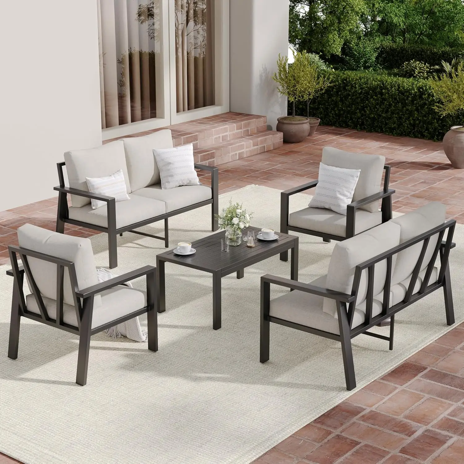 5-Piece Aluminum Patio 6-Seat All-Weather Sectional Sofa with Removable Cushion for Deck Balcony Yard Poolside, Customized