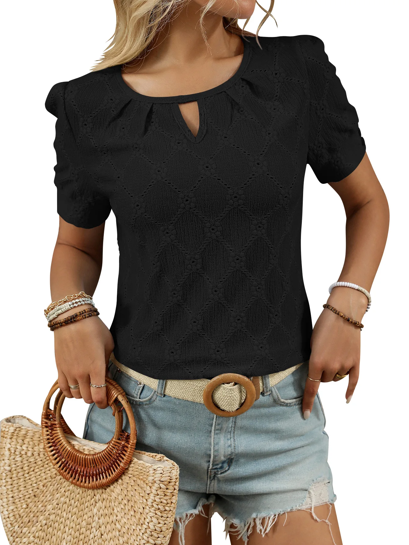 Women's Clothing European American Cross-border 2025 Spring Summer New Solid Round Neck Button Short-sleeved T-shirt Hollow Top