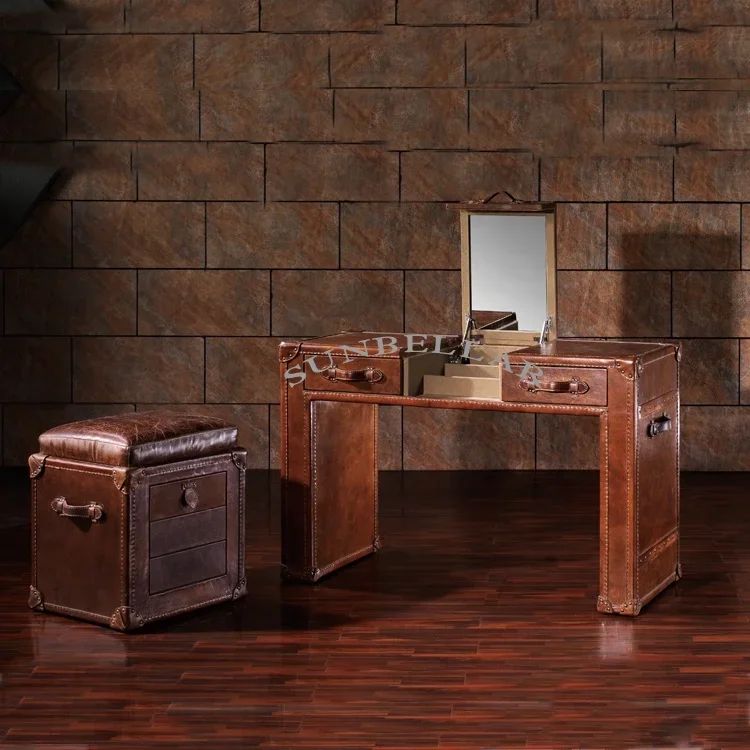 bedroom furniture luxury dressing table antique brown leather foldable mirror 2 drawers dresser table set with ottoman stool