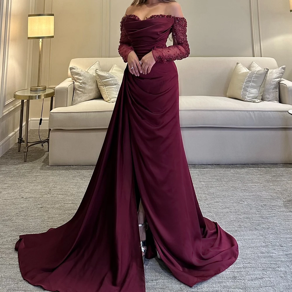 

Customized Jersey A-Line Off the Shoulder Sequined and Crystal Evening Dress Strapless Side Slit Long Sleeves Panel Train