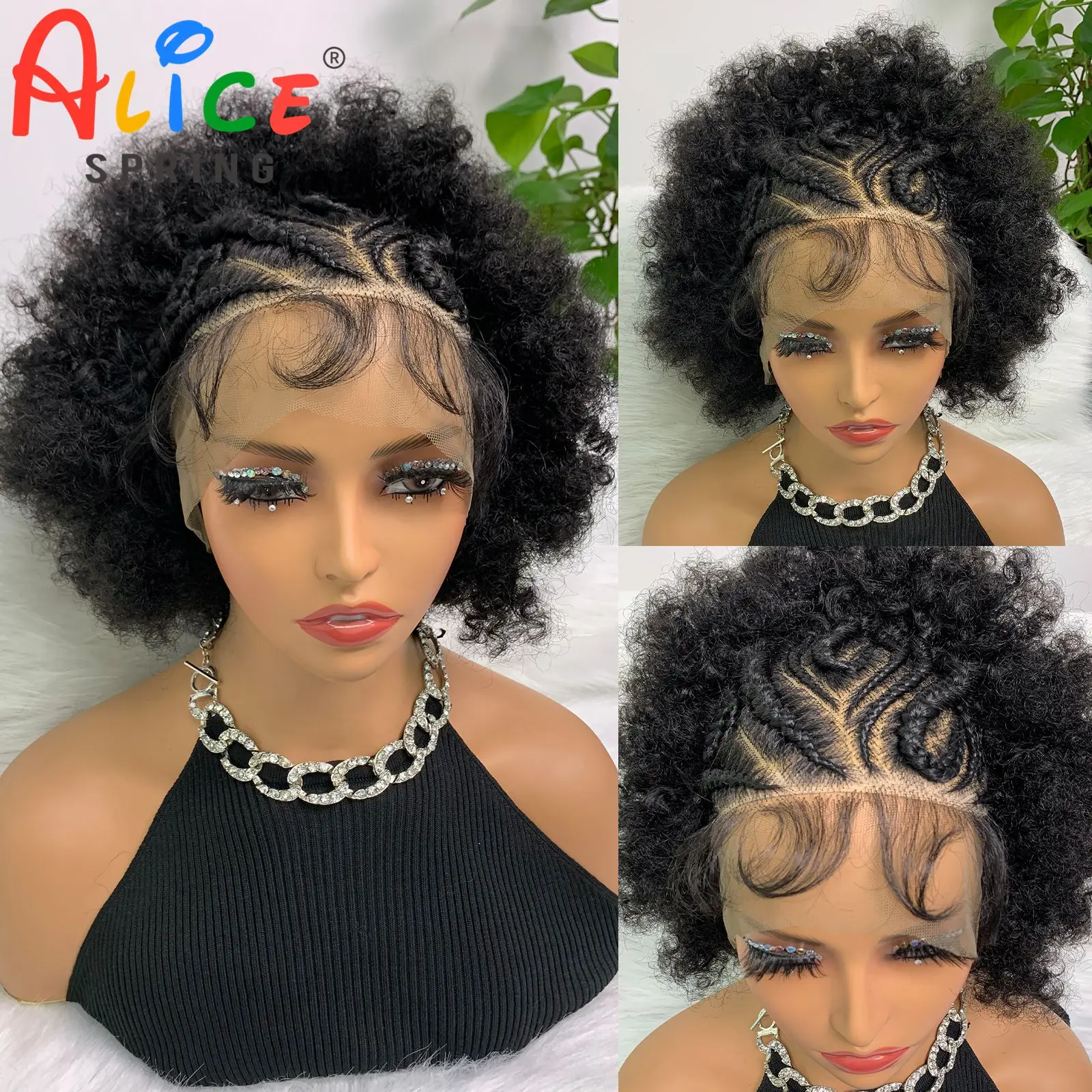 

Afro Kinky Curly Braided Wigs Synthetic Transparent Lace Front Knotless Natural Braided Lace Wig With Baby Hair For Black Women