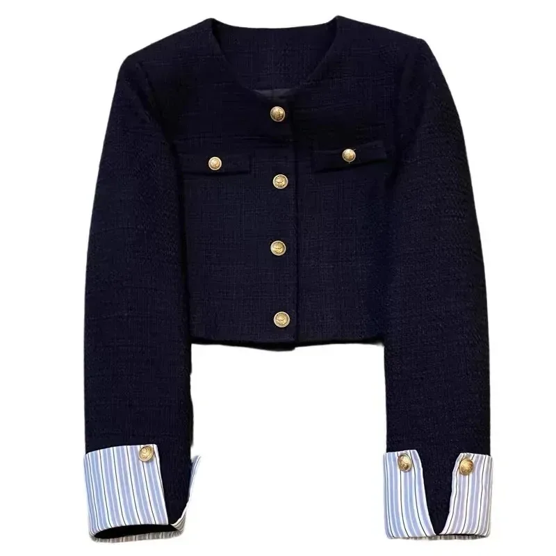 

Navy Nlue Small Fragrant style Suit Jacket For women Spring autumn 2025 New Round neck French Fashion Splicing Design Short Top