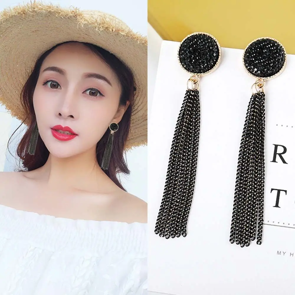 

Creative Women Party Accessories Round Black Long Ear Studs Jewelry Fashion Tassel Dangle Earrings