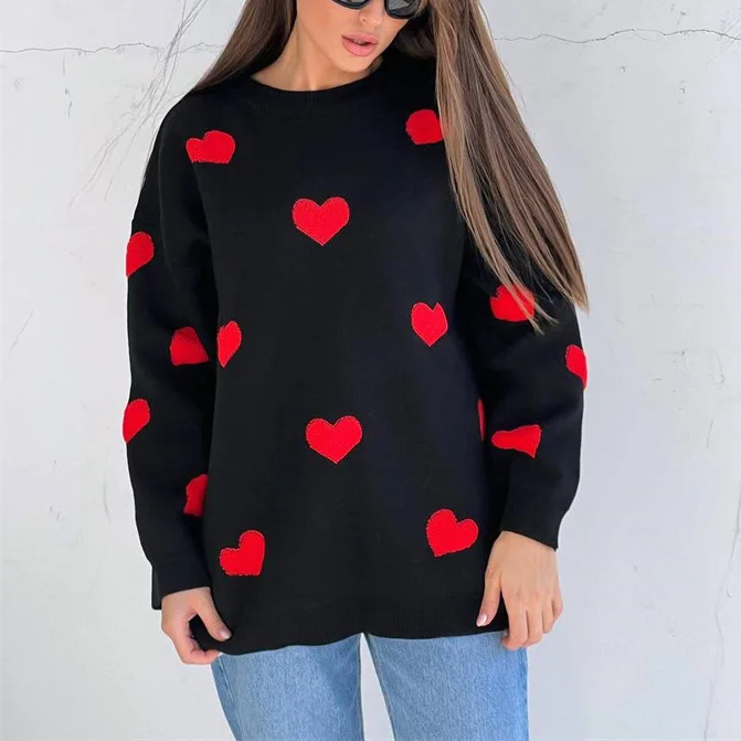 Camisola bordada com gola redonda amor para mulheres, top casual grosso de malha solto, Europa e América, outono e inverno, 2023