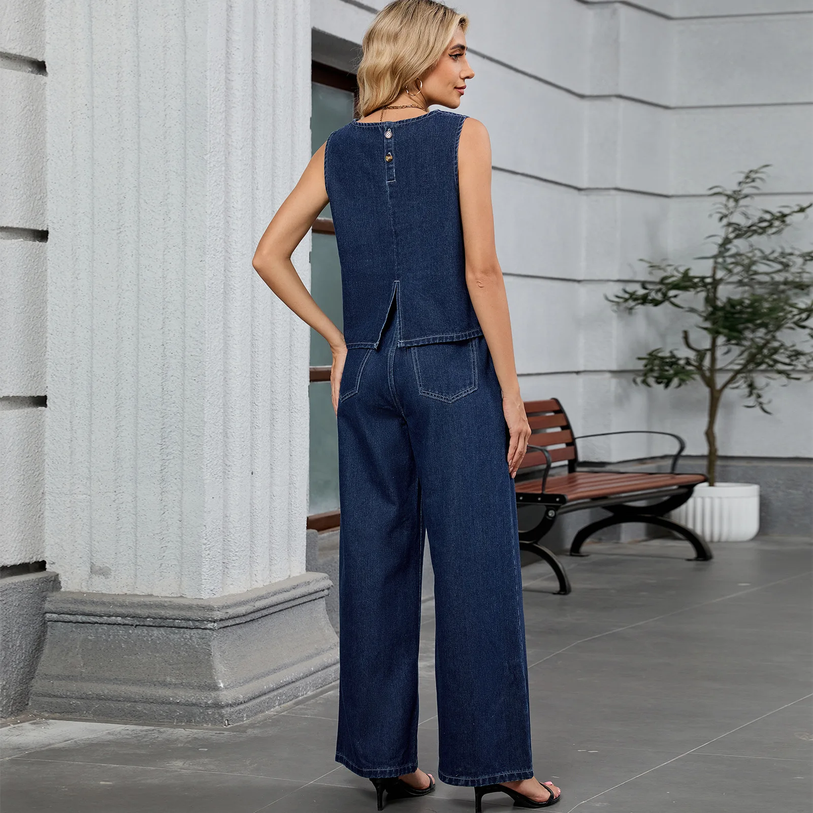 여성 팬츠 세트 2피스 O넥 데님 베스트 풀오버+와이드 레그 진 2025 신상 유럽 스타일 솔리드 여성 의상 세트