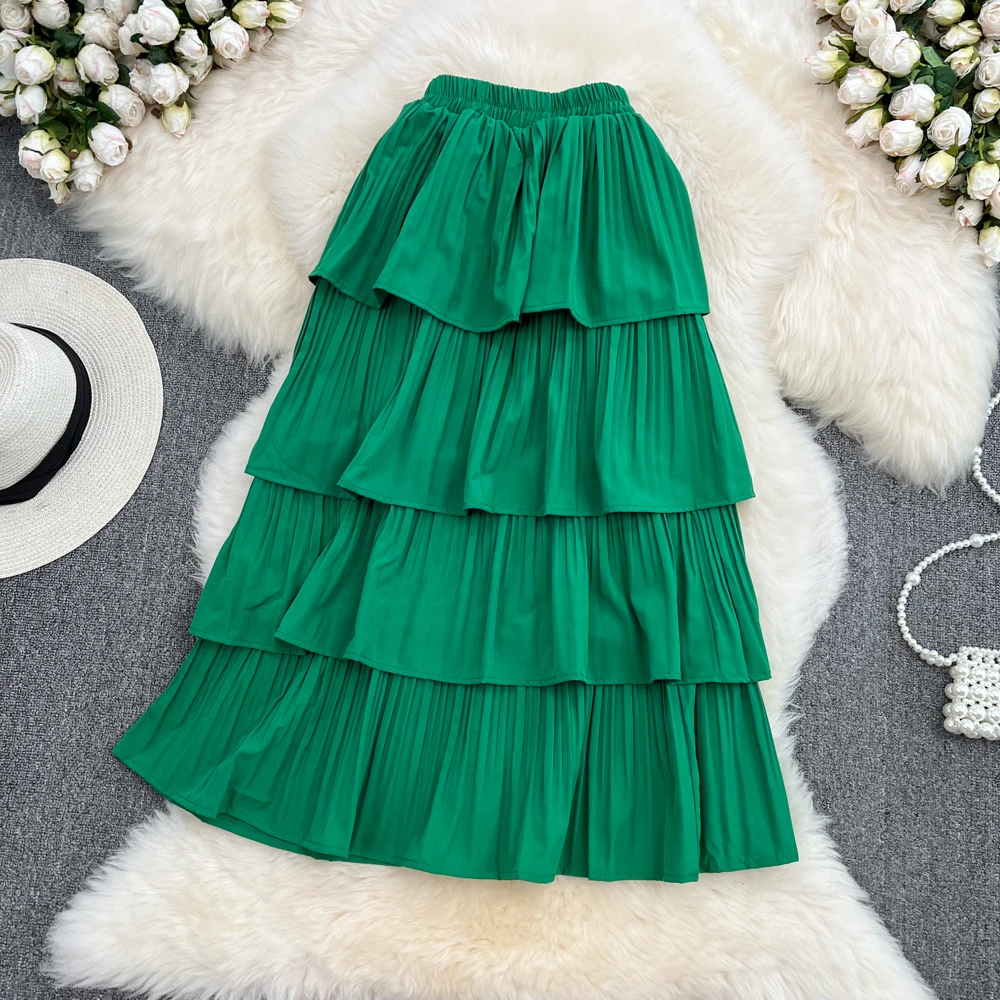 

2023 New Spring Summer Women High Waist Slim Long Skirt Korean Chic Sweet Solid Color Multi-layer Pleated Hem Cake Skirt lolita