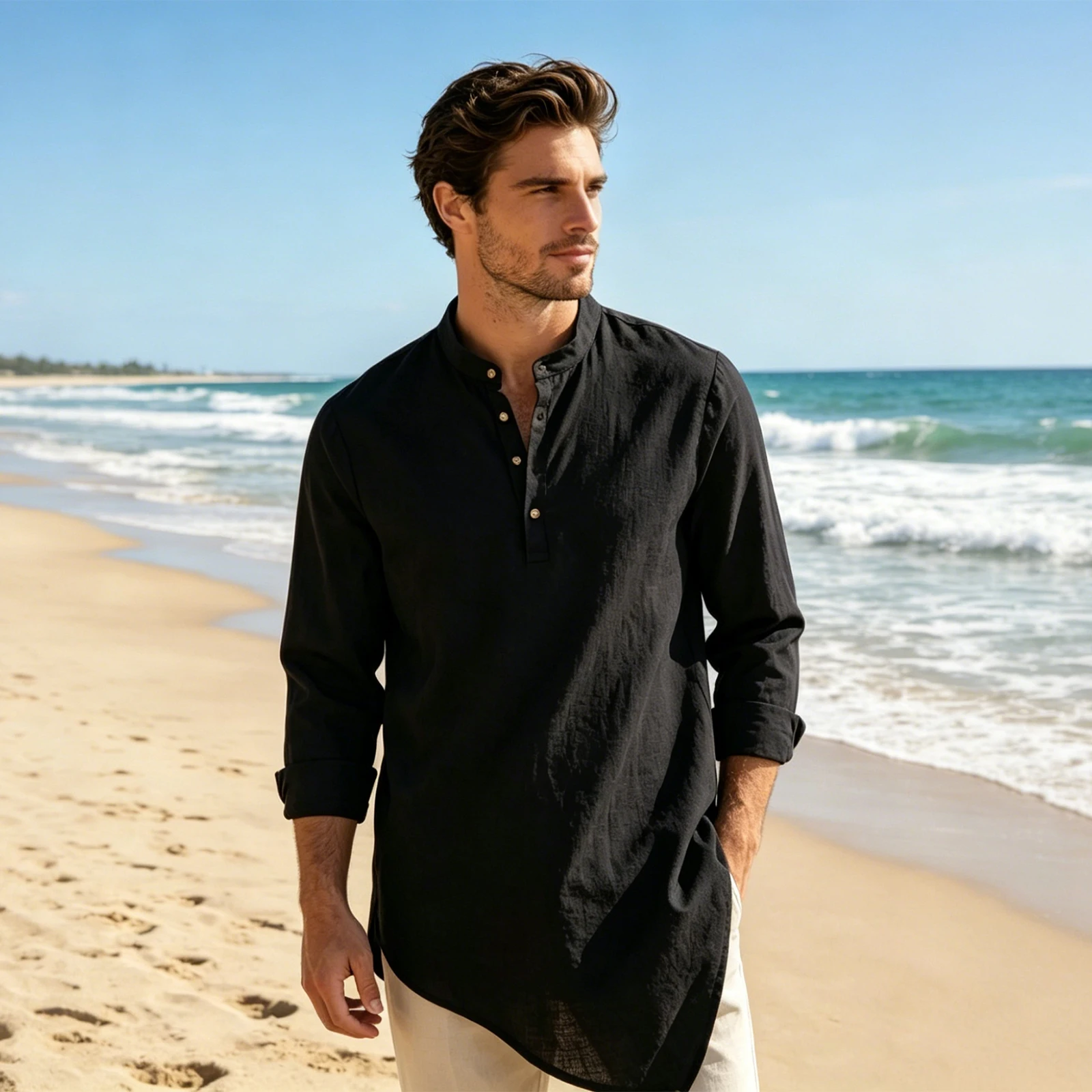 2026 Fashion Men's Moslem T-Shirts Male Kaftan Robe Fashionable Solid Color Asymmetrical Hem Long Sleeve Henley Shirt