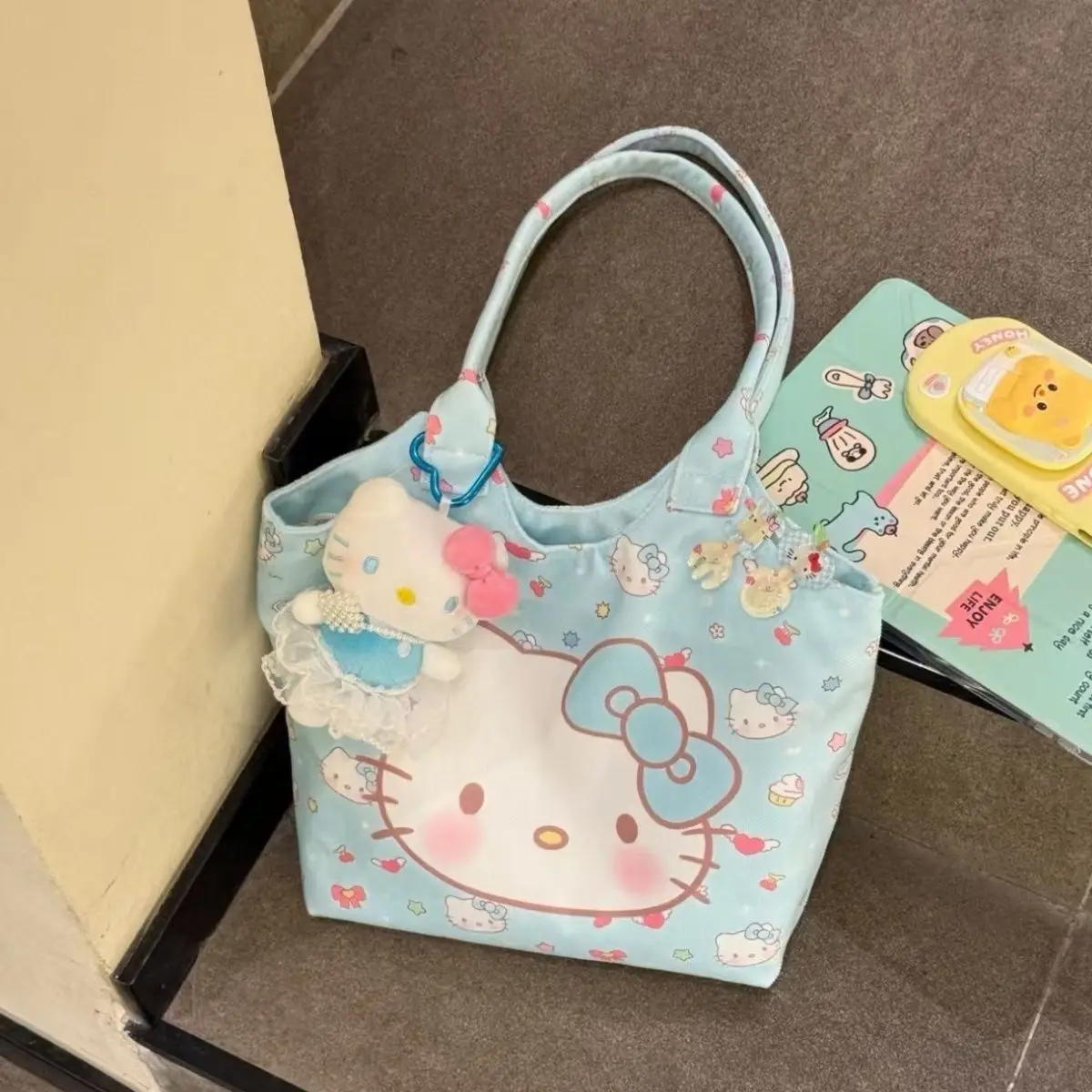 

New Cartoon Sanrio Hello Kittys Blue Cute Tote Bag Large Capacity Kitty Fashion Canvas Bag One-Shoulder Handbag Gift Toys
