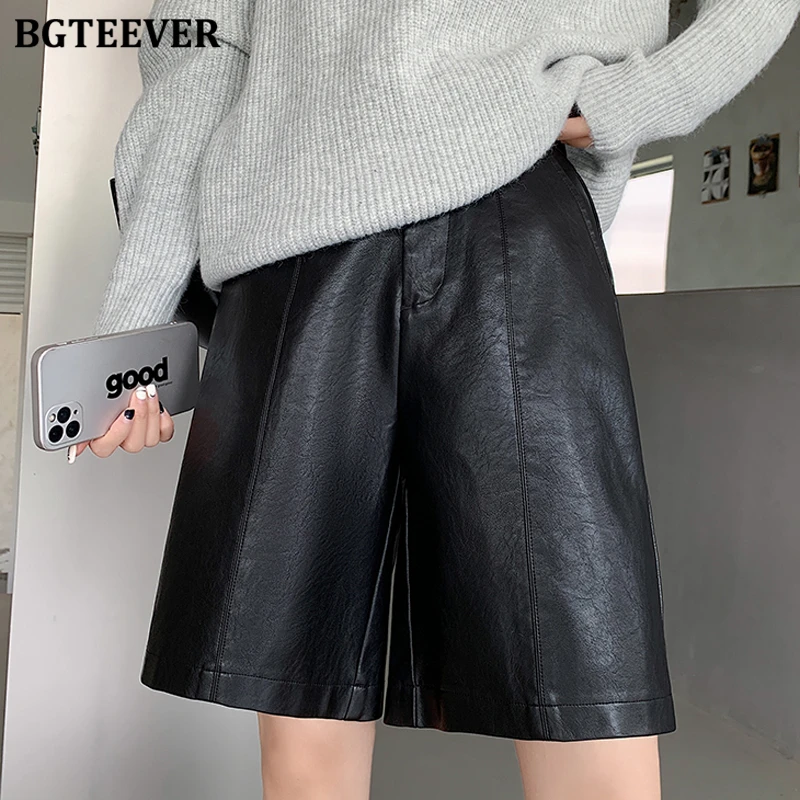 

Шорты женские BGTEEVER из искусственной кожи с высокой талией, свободные, с карманами, широкие штанины, весна-осень