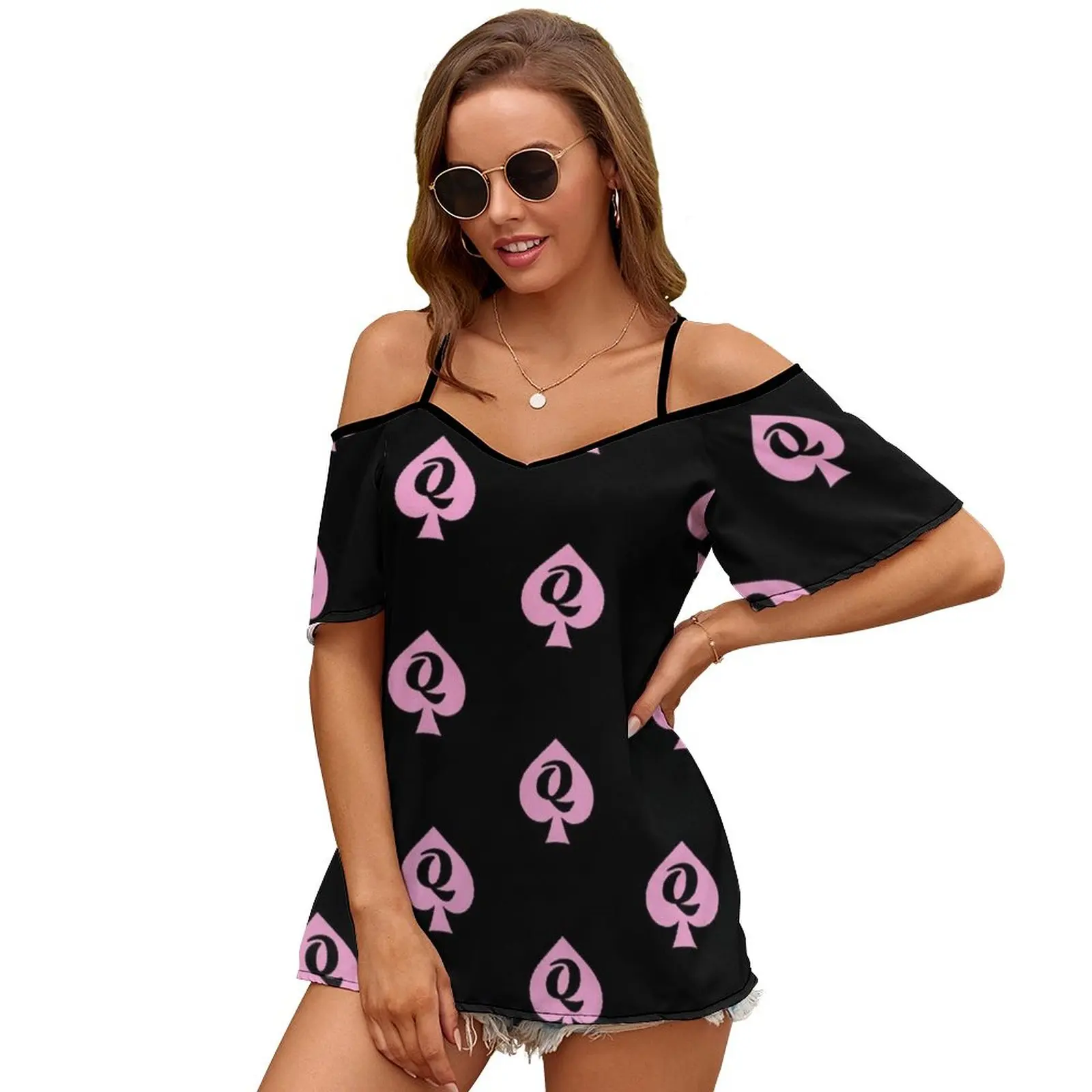 Queen Of Spades Pink And Black Women\'S T-Shirt Summer Fashion Print Floral V-Neck Zipper Tshirt Hollow Pullover Ladies Top Qos
