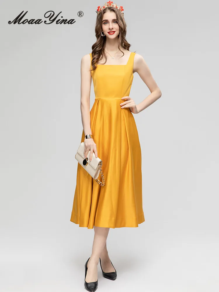 MoaaYina Summer Fashion Runway Yellow Elegant Party Dress Women Square Collar Backless Drawstring High Waist Slim Long Sundress