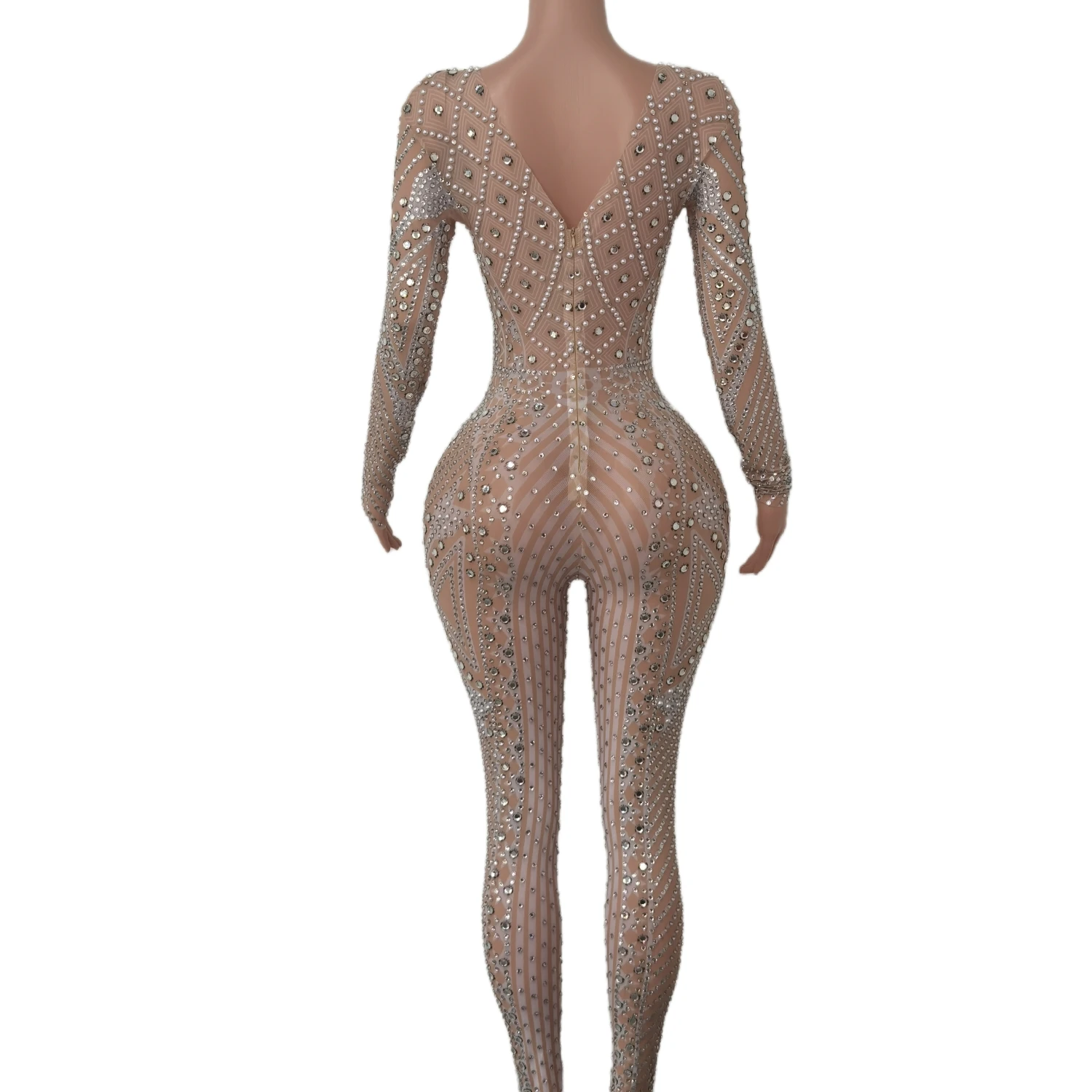 Designer de malha ver através de cristal bodycon macacão clube dança collant feminino strass bodysuits plus size macacões uma peça