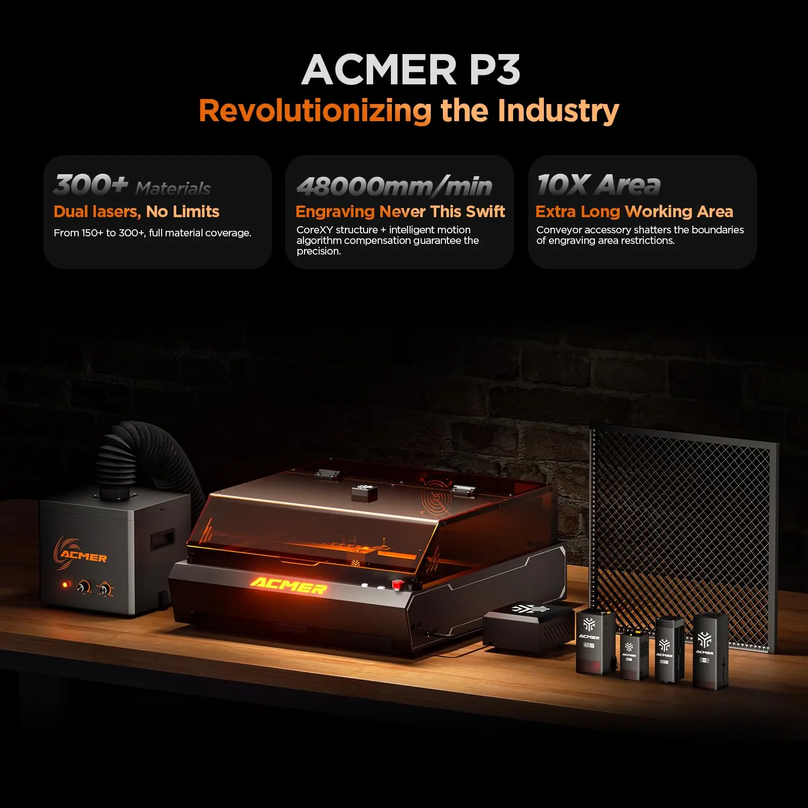 ACMER P3 Enclosed Dual Laser Engraver 10W Diode 2W IR Infrared Cutter With Air Assist Pump Honeycomb 48000mm/min Batch Process