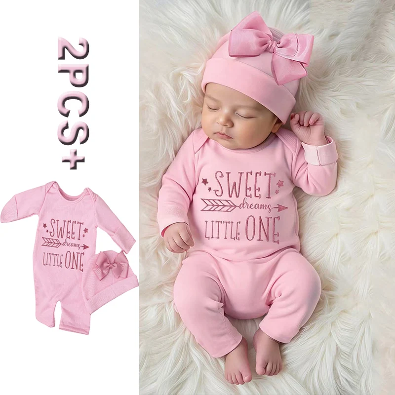 

2 шт. комбинезоны для новорожденных, весенне-осенняя одежда для маленьких девочек, комбинезон из смеси хлопка с бантом, комбинезон + шапка, костюм для детей 0-3 месяцев