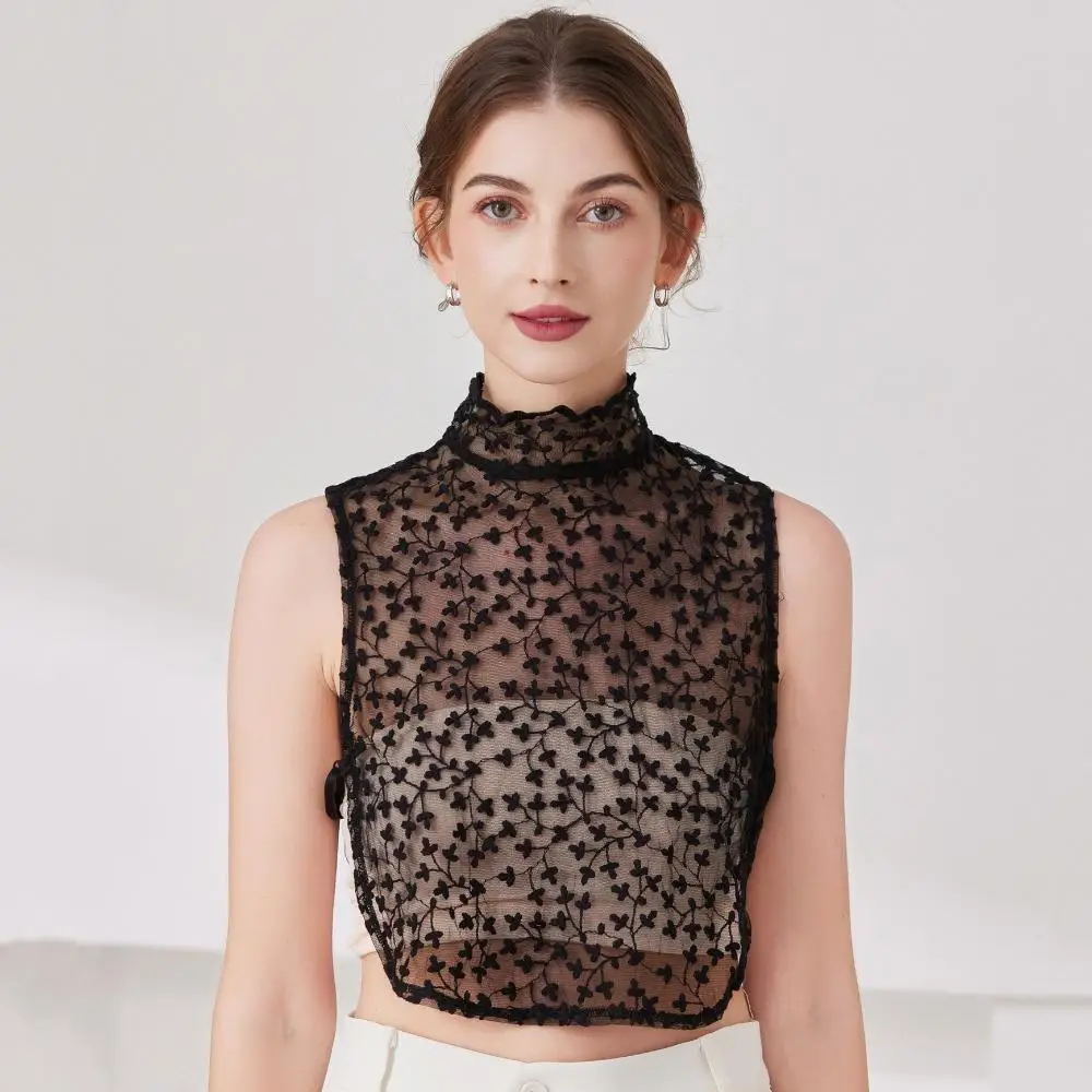 Floral Lace Fake Collar Dickey Mesh Lace Gloves Set with Elastic Waist Cinch Belt Women Fashion Removable Half Shirt Accessories