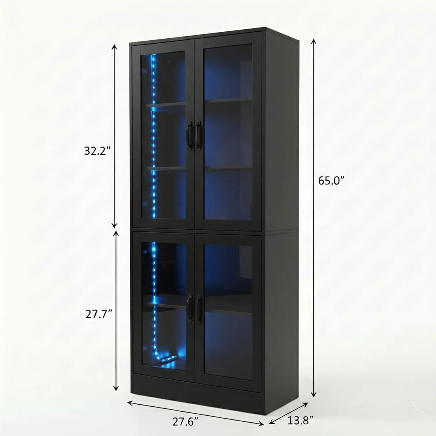 5-Tier Glass Door Display Cabinet LED Lights 65" Tall 4-Door Storage Bookshelf Living Room Home Office, Customized