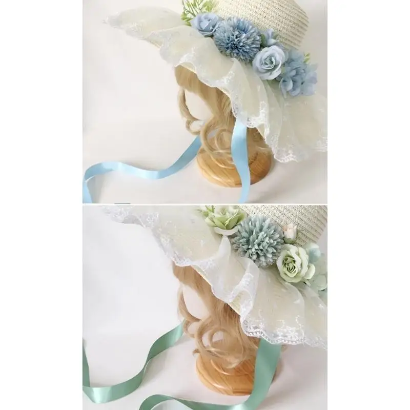 

39BD Vacation Teaparty Hat for Women Sun Straw Hat with Long Ribbon Elegant Flower Bonnet Hat Lady Floppy Hat for Camping