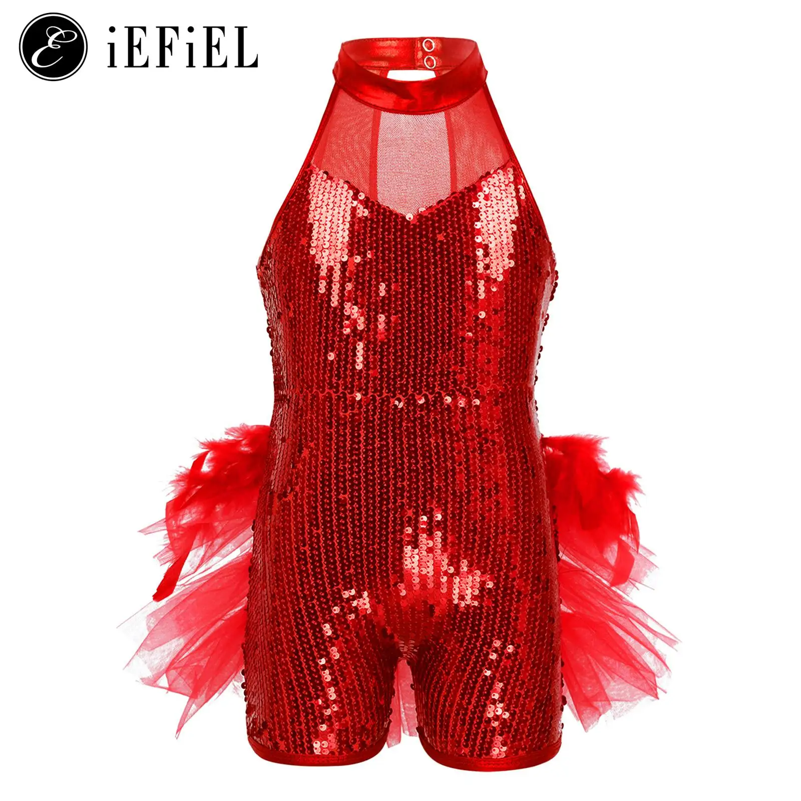 

Girls Sequins Jazz Dance Costume Halter Mesh Splice Full Sequined Bodysuit with Feather Tail Modern Ballroom Party Jumpsuits
