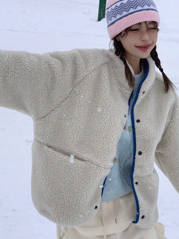 شتاء جديد لطيف متعدد الاستخدامات لون فرو الضأن بلو جايت المرأة شيك Aosphere الإحساس ort قمة الكورية Sle فضفاضة تناسب #3