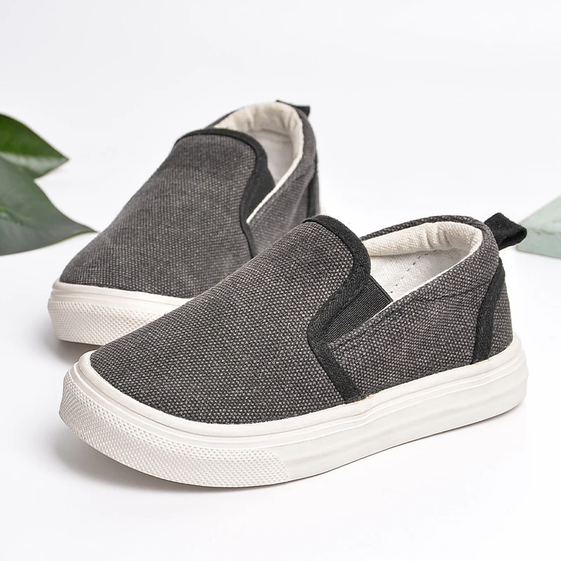 Unisex Kids Outdoor Slip-on Black Flat Canvas Rubber Sneakers Toddlers Good Quality Walking Running Shoes E8205