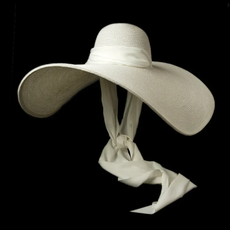 Women White 25cm Oversized Sun Hat Soft Silk Ribbon Tie Wide Brim Floppy Hat Giant Beach Straw Hat Summer Kentucky Derby Cap