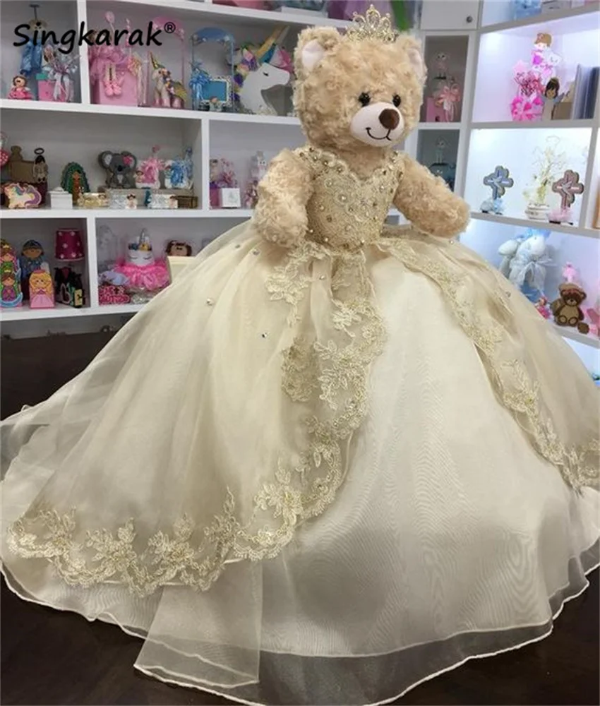 

Champagne Personalized Quinceanera Teddy Bear Dress Lace Flowers Appliques Beads Fancy Dress Ball Gown