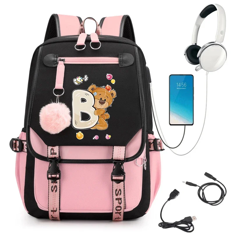 

Bear Alphabet Cartoon School Bag for Girls Backpack Laptop Bagpack Travel Backpack Shouder for Women Teenager Youth Backpack Bag