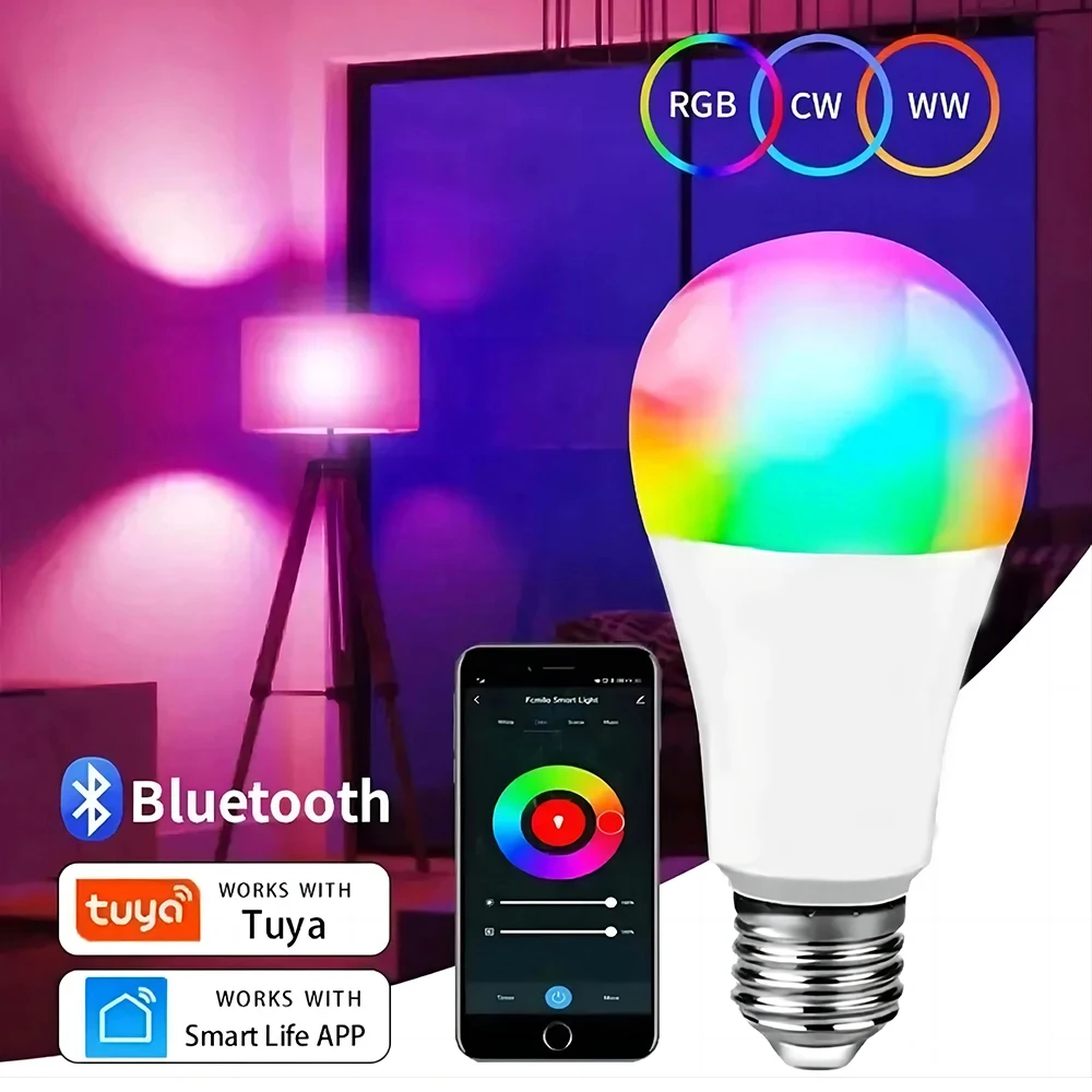 Lampadina a Led intelligente Tuya Bluetooth RGBCW lampadina controllo APP del telefono E27 220V-240V 110V lampada a LED colorata per luce ambientale