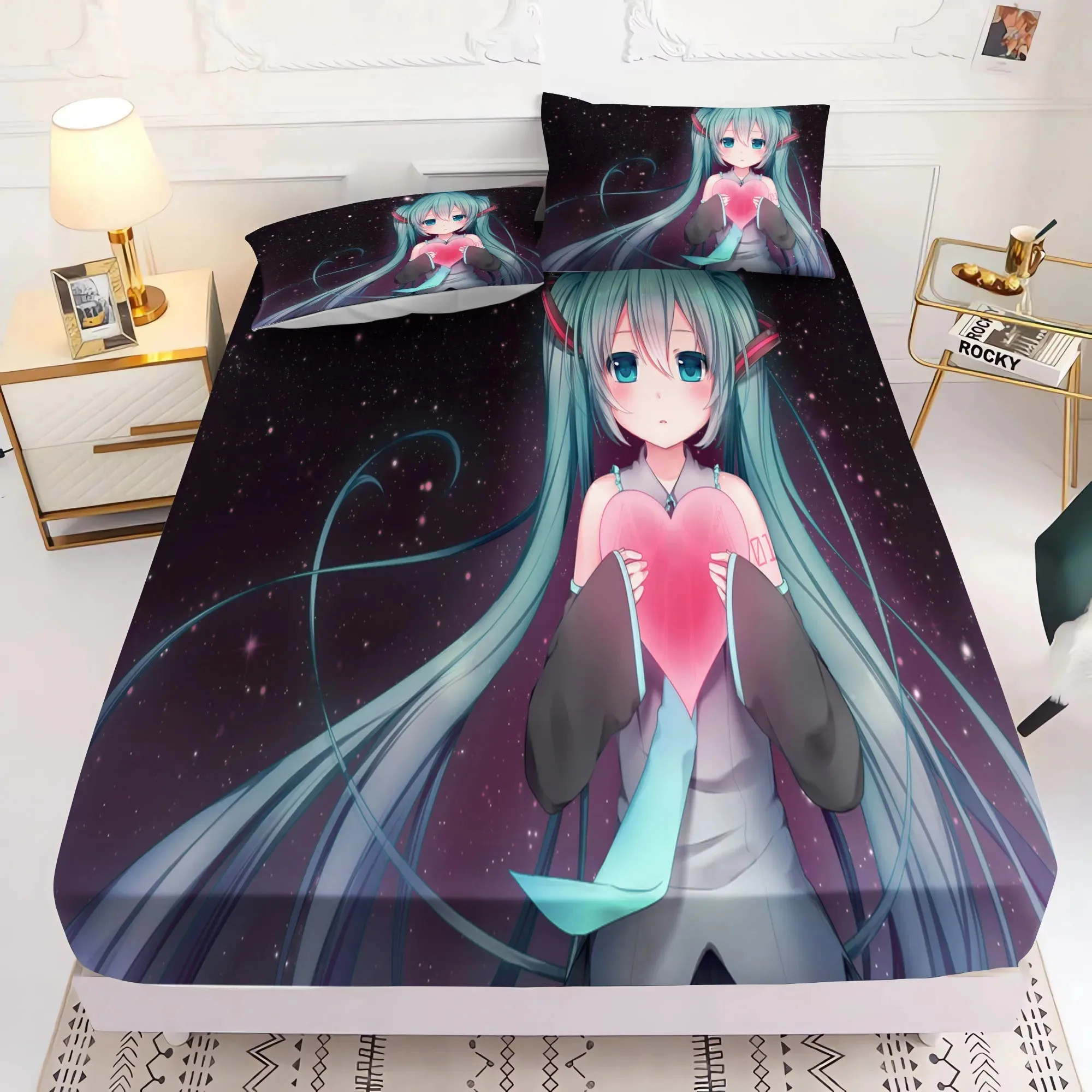 初音ミク-アニメ周辺機器-二次元漫画ピースセット-かわいいマイクロファイバーベッドシーツ-キルトカバー-学生用-2-3ピースセット