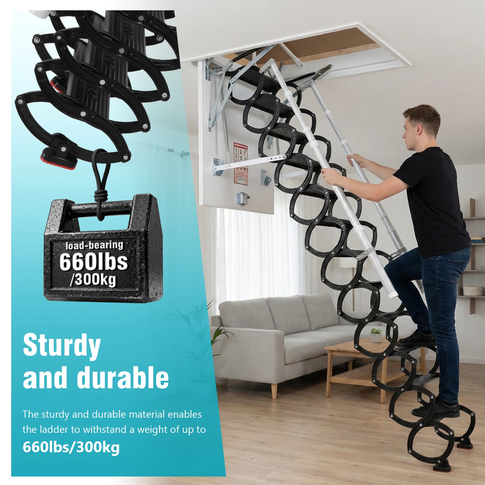 

12-ступенчатая скрытая внутренняя лестница с поручнями, выдвижная, для мансарды, грузоподъемность 660 фунтов, регулируемая по высоте, для домов и двухуровневых вилл