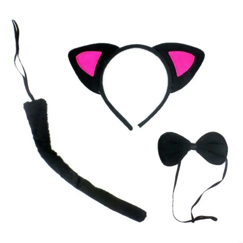 

652F Toddler Kids 3 Pieces Animal Cosplay Costume Accessories Set for Cat Ears Plush Headband with Long Tail Bow Tie Hallowee Up