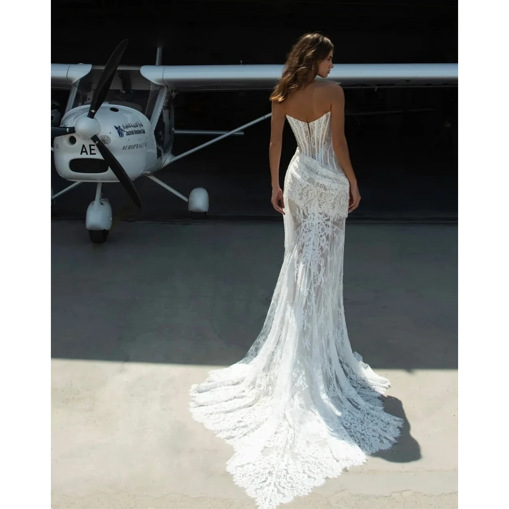 Elegant Lace Wedding Dress Customized Strapless Sheath Detachable Train Bridal Gown Sexy Backless Corset Long Prom Dresses
