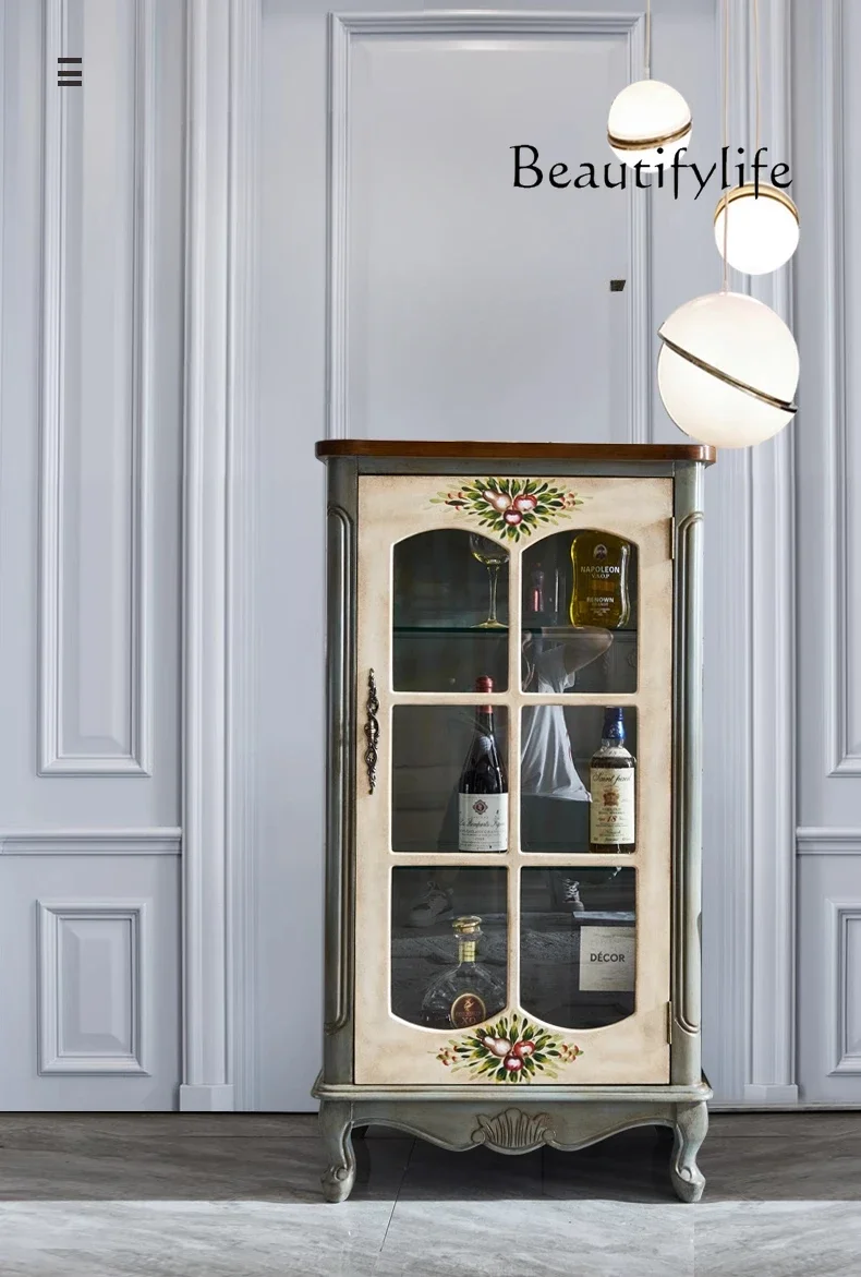 M American Solid Wood Wine Cabinet Living Room TV Wall Locker Glass Retro Single Door Display Cabinet