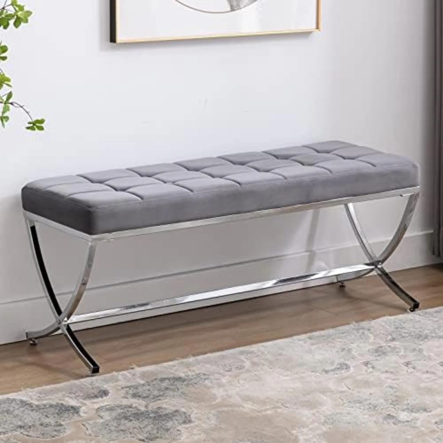 Modern Tufted Ottoman Bench, Velvet Upholstered Dining Bench, Button Tufted Footrest Stool Vanity Seat with with X