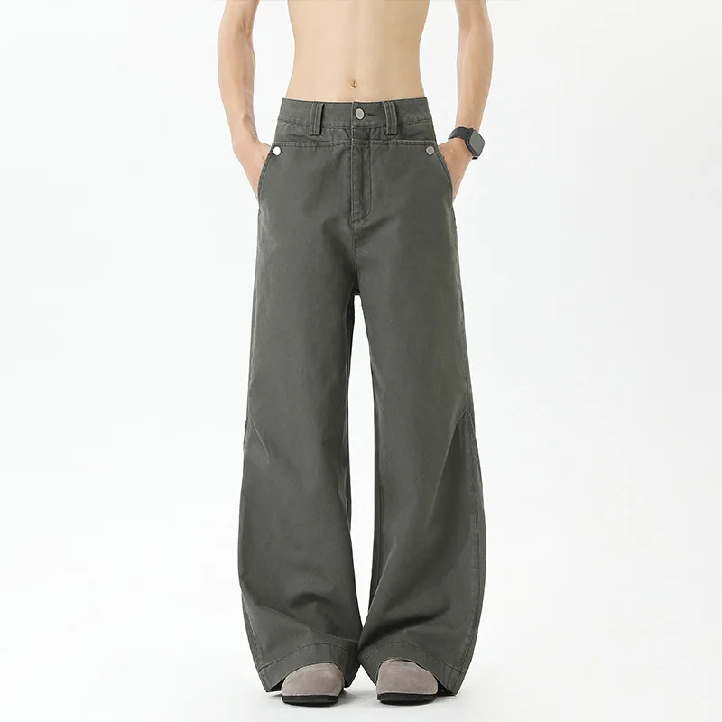 WTHT 패션 남성 솔리드 컬러 패치 워크 버튼 디자인 데님 바지 빈티지 2025 여름 하이 웨이스트 스트레이트 청바지 남성 2A0781