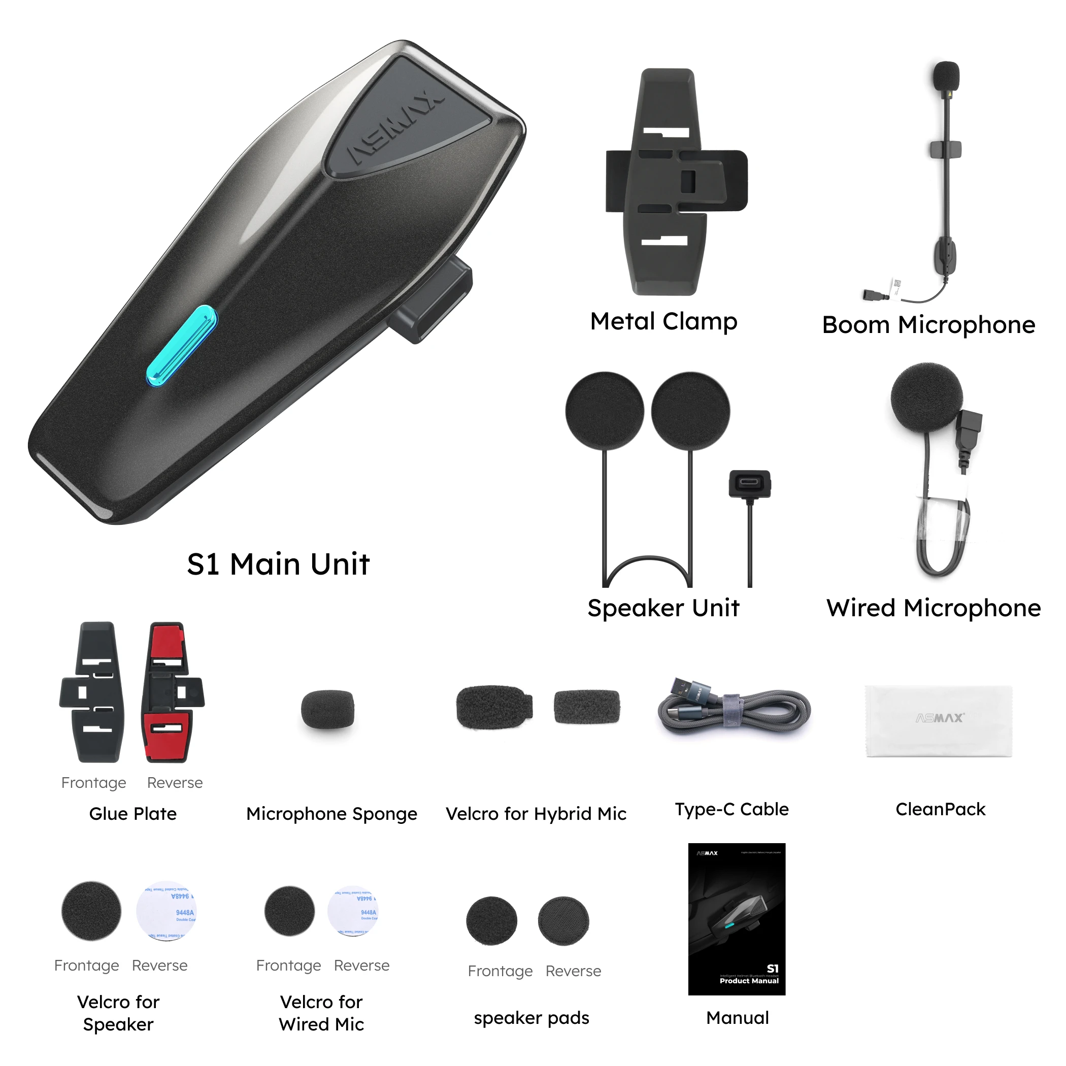 ASMAX S1 Bluetooth motorfiets-intercom 8-rijders communicatieheadset met FM- en ENC-microfoon, stembediening, IPX7 waterdicht