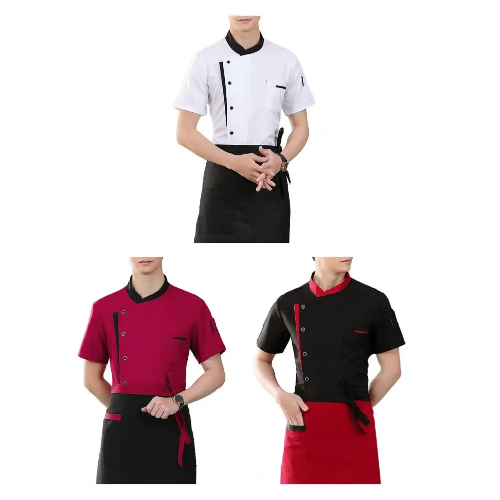 Chef Uniform Apron Set Stand Collar Short Sleeve Breathable Kitchen Jacket with Multi-Pocket Design Patchwork Color Kitchen Staf