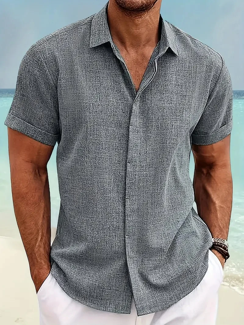 2024 nova camisa de manga curta masculina de verão cor sólida lapela escondida fivela casual praia moda high street topo