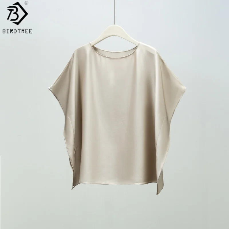 

Birdtree, 23MM 93% Silk 7% Spandex Tshirt, Batwing Sleeve O-neck Tops, Women Double Qiao Solid Shirt, 2026 Summer New T65040JF
