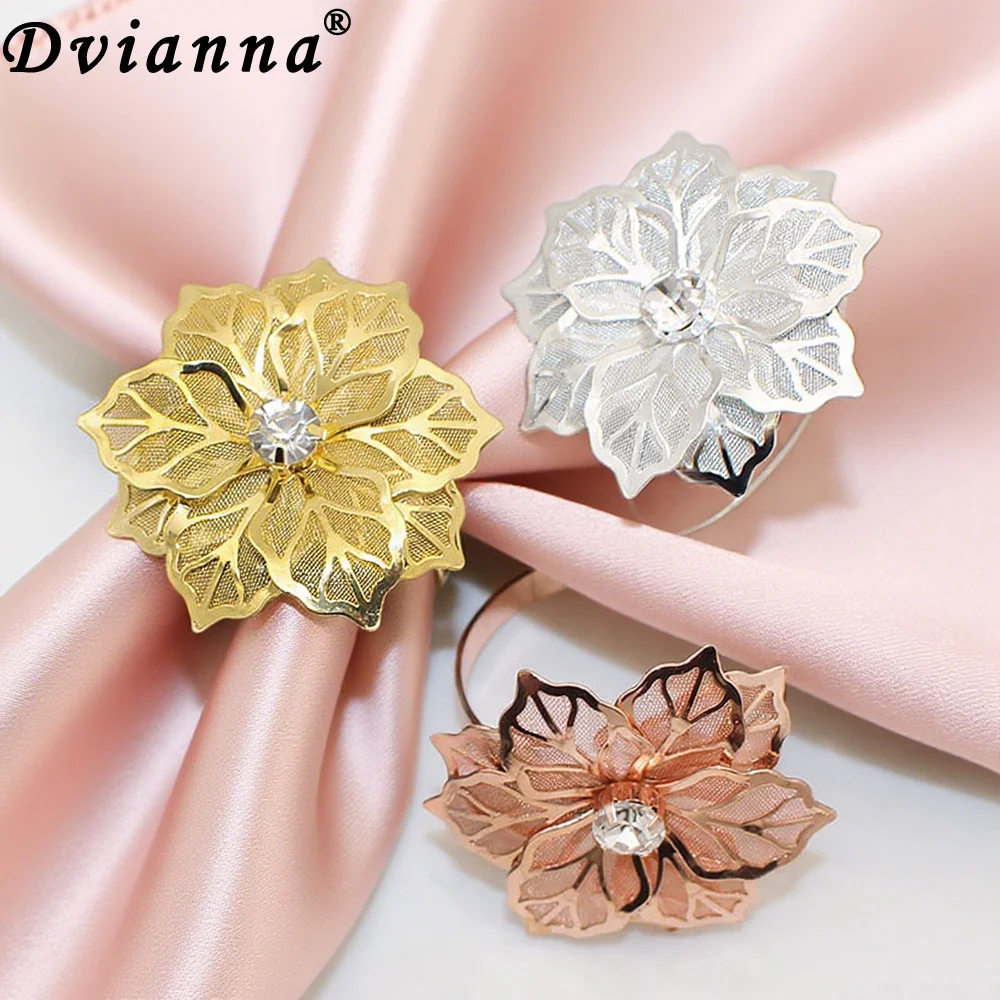 

6Pcs Metal Floral Napkin Holder Elegant Rhinestone Flower Napkin Rings Holder for Wedding Christmas Party Dinner Table Decor