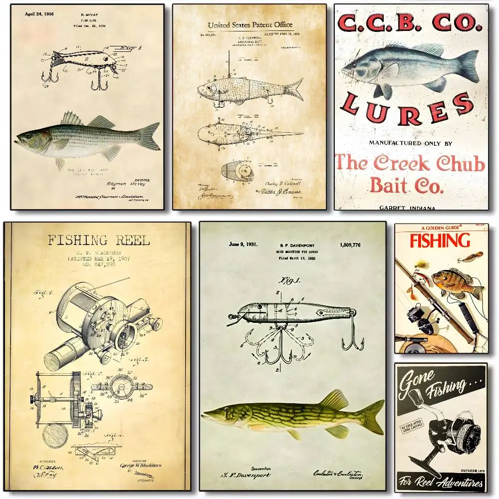 Artisian Fishing Tin Plaque Lure Bait Poster canvas HD aesthetic Printing Paper Wall Art for Living Room Bar fashion Home Decor