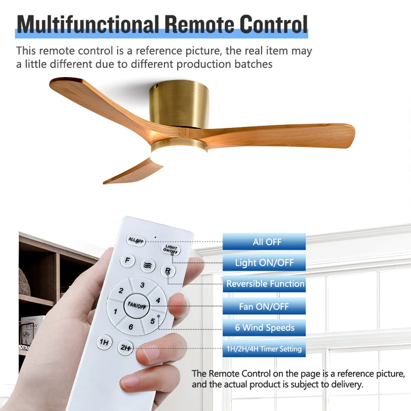 Classic Solid Wood Fan Blade Ceiling Fan Light, Flat-mounted Reversible Energy-saving Motor, Multi-functional Remote Control