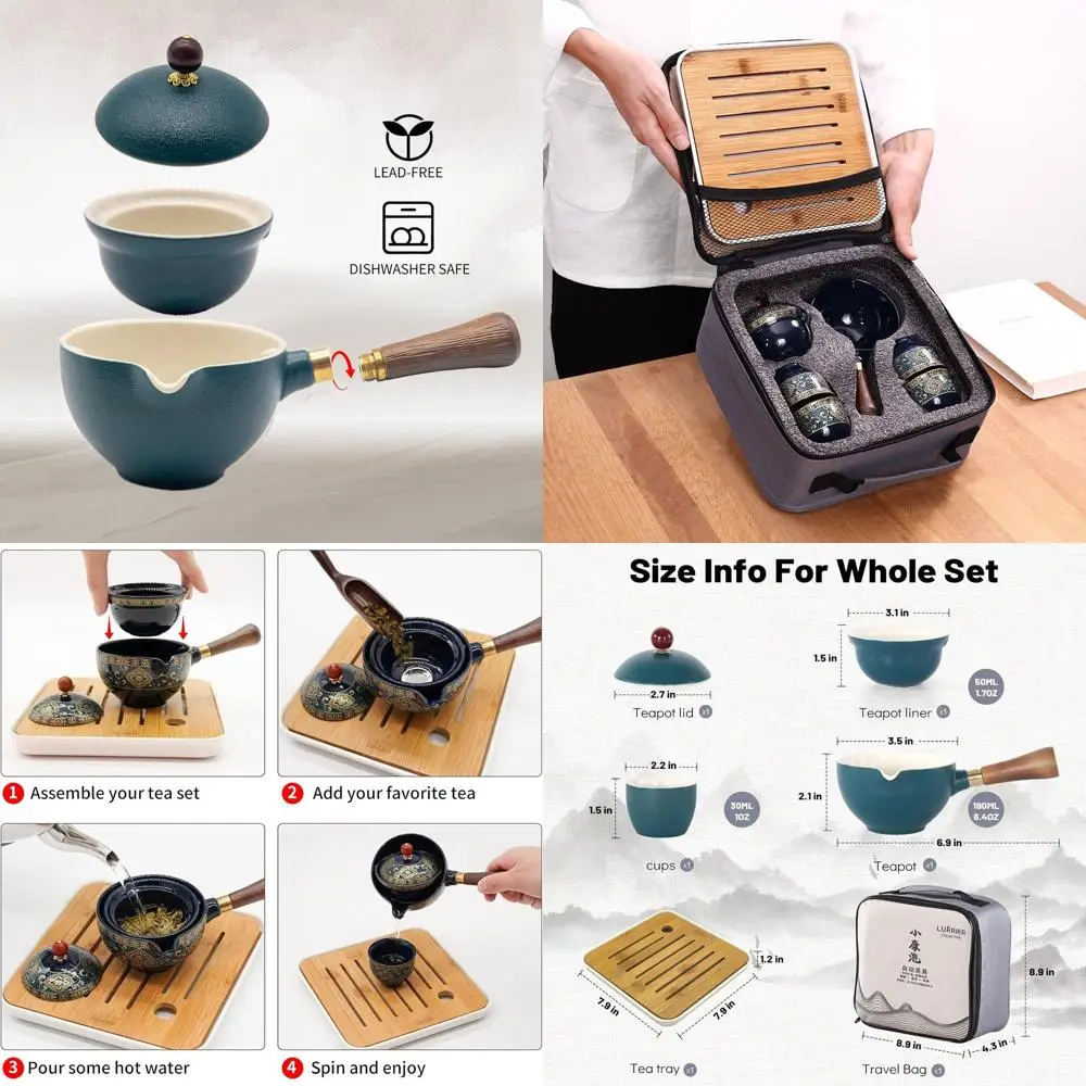

Портативный китайский чайный набор Гунфу с вращающимся чайником, универсальный дорожный комплект для дома, офиса и использования на открытом воздухе (зеленый)