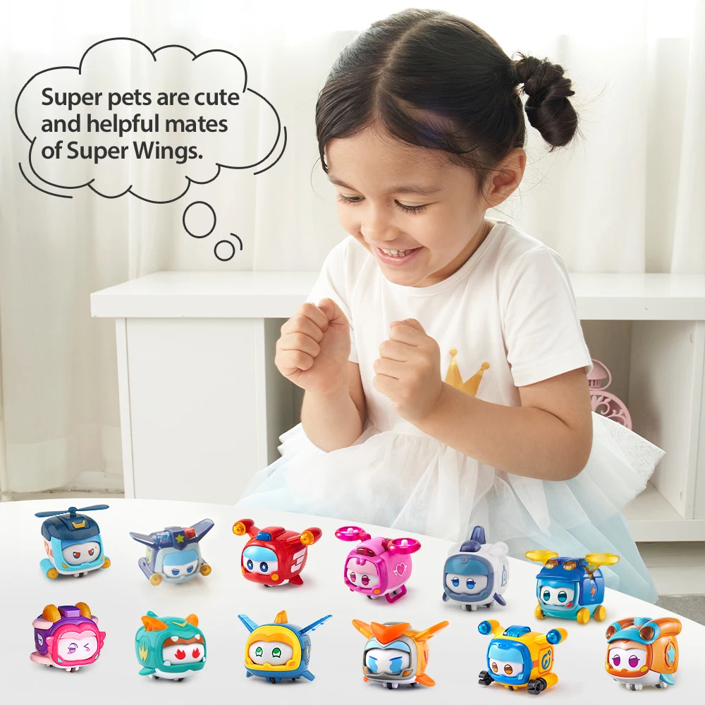 Super Wings Super Pets -Ellie Pet Push Button for Change Expressions With lights Wheels Action Figures Stackable Kid Toys Gifts