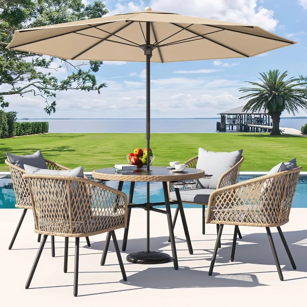 5-Piece Outdoor Patio Furniture Dining Set, All-Weather Rattan Conversation Set with Soft Cushions and Glass Top Dining Table