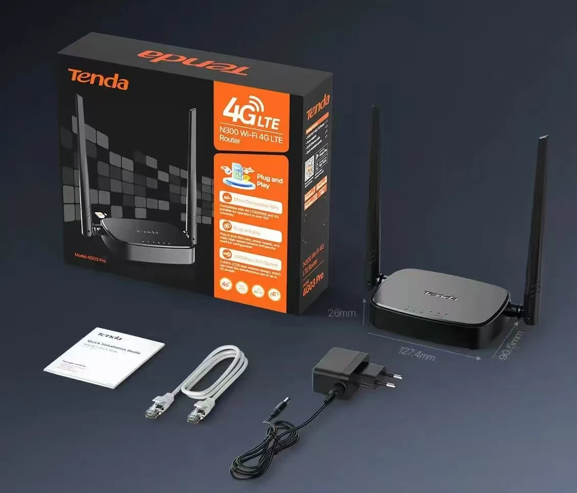 Tenda 4G03 Pro Router 4G SIM  - Mobile WiFi Router 3G/4G Wireless Band 2.4 GHz, LTE Cat4, Fast Ethernet LAN/WAN Port, 2 * 4dBi